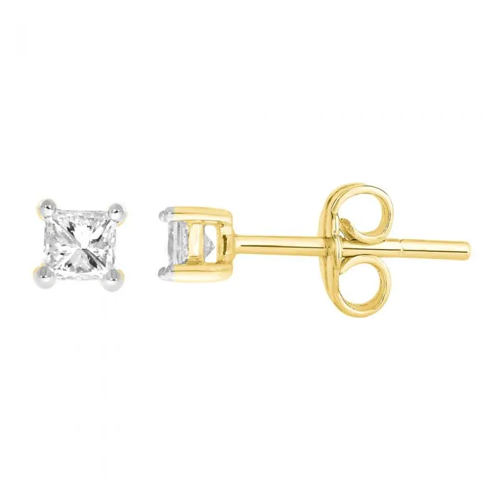 9ct Yellow Gold  0.05 Carat Princess Diamond Stud Earrings Shiels