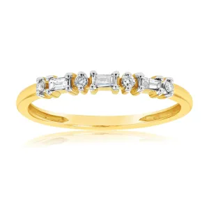 9ct Yellow Gold 0.10 Carat Diamond Eternity Ring with 4Brilliant & 3Baguette Diamonds Shiels