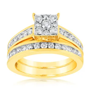 9ct Yellow Gold 1 Carat Diamond Bridal Set Ring with Halo Setting Shiels