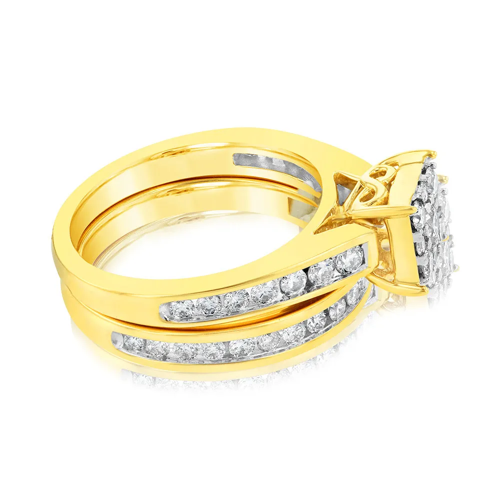 9ct Yellow Gold 1 Carat Diamond Bridal Set Ring with Halo Setting Shiels