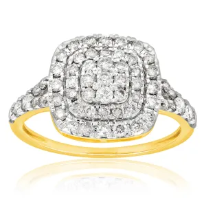 9ct Yellow Gold 1 Carat Diamond Cushion Shape Cluster Ring Shiels