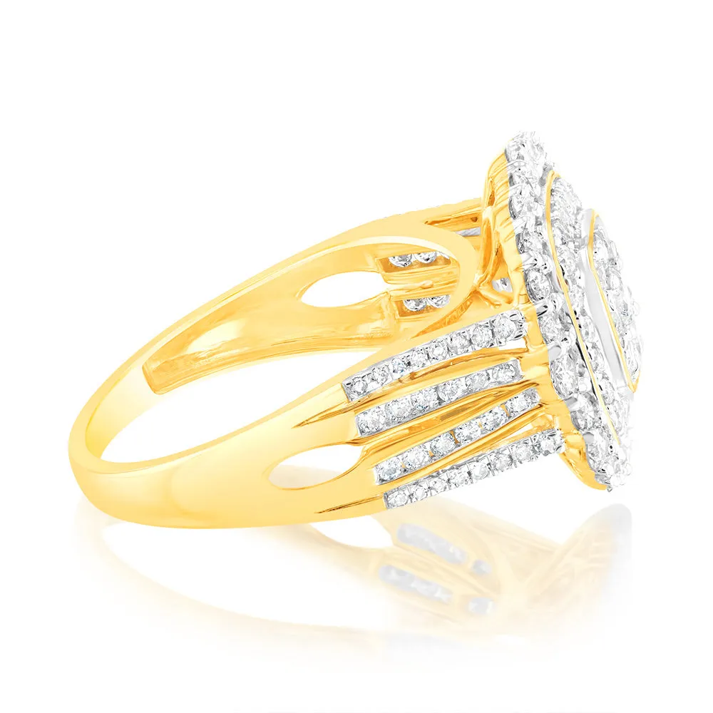 9ct Yellow Gold 1 Carat Diamond Ring with 107 Round Brilliant and Baguette Diamonds Shiels