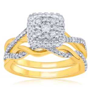 9ct Yellow Gold 1/2 Carat Diamond Bridal 2-Ring Set with Cushion Shape Cluster Shiels