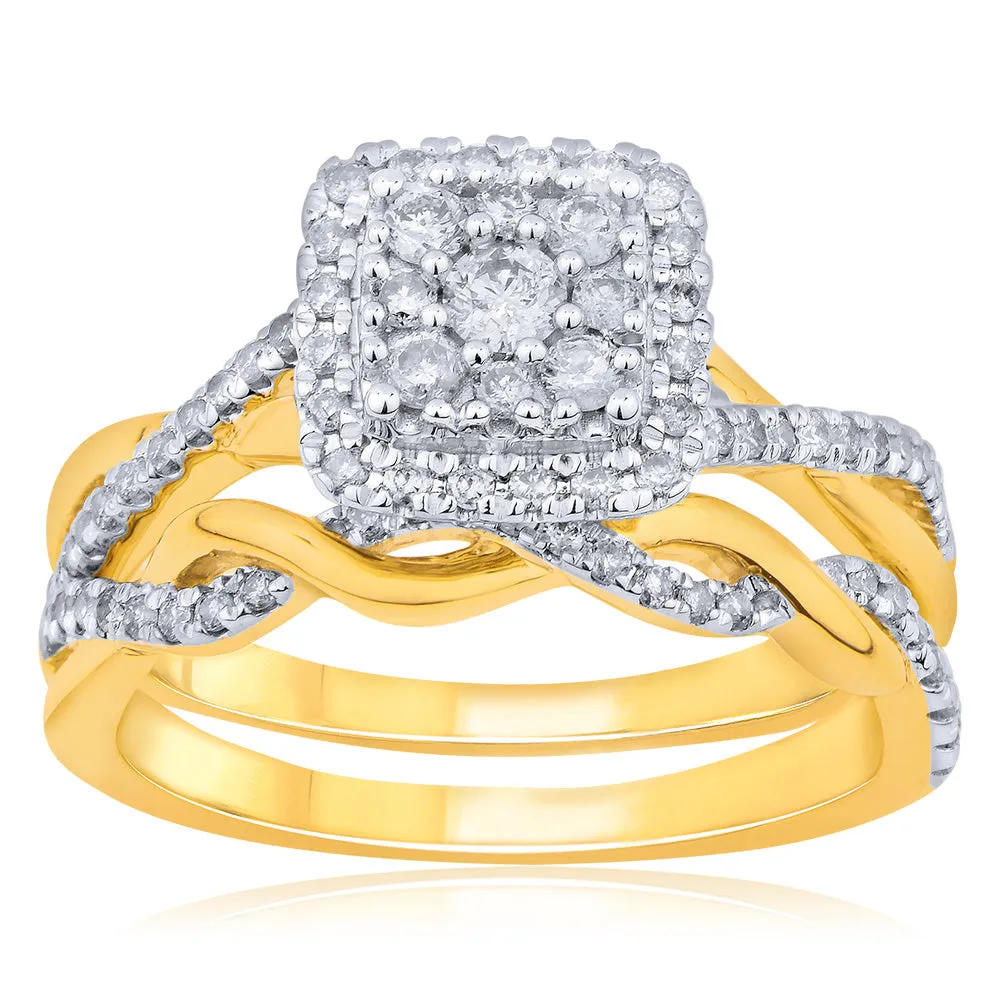9ct Yellow Gold 1/2 Carat Diamond Bridal 2-Ring Set with Cushion Shape Cluster Shiels