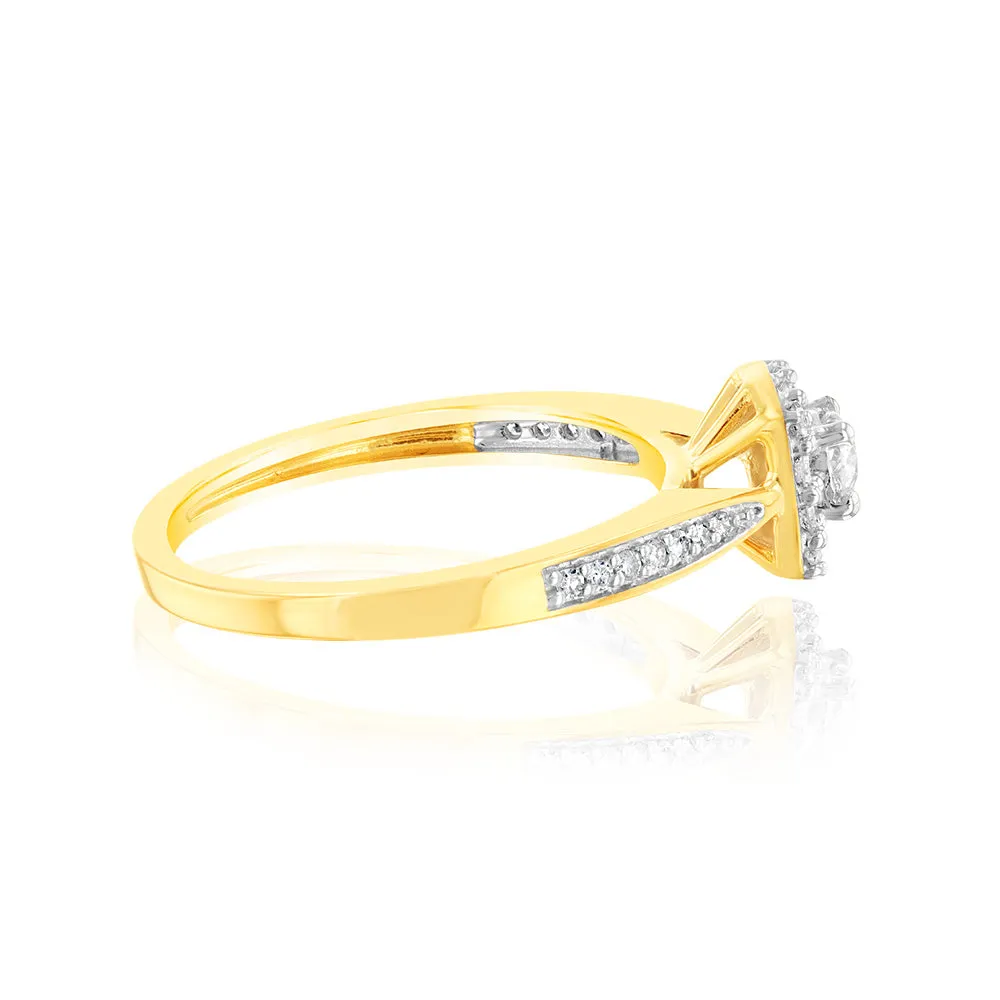 9ct Yellow Gold 1/3 Carat Diamond Halo Solitaire Ring with 12 Side Diamonds Shiels