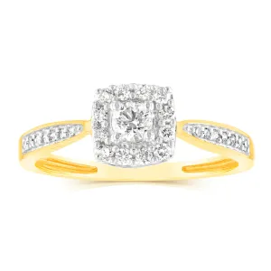 9ct Yellow Gold 1/3 Carat Diamond Halo Solitaire Ring with 12 Side Diamonds Shiels