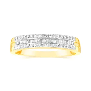 9ct Yellow Gold 1/3 Carat Diamond Ring with Channel Set Baguettes and Claw Set Round Brilliant Side Diamonds Shiels