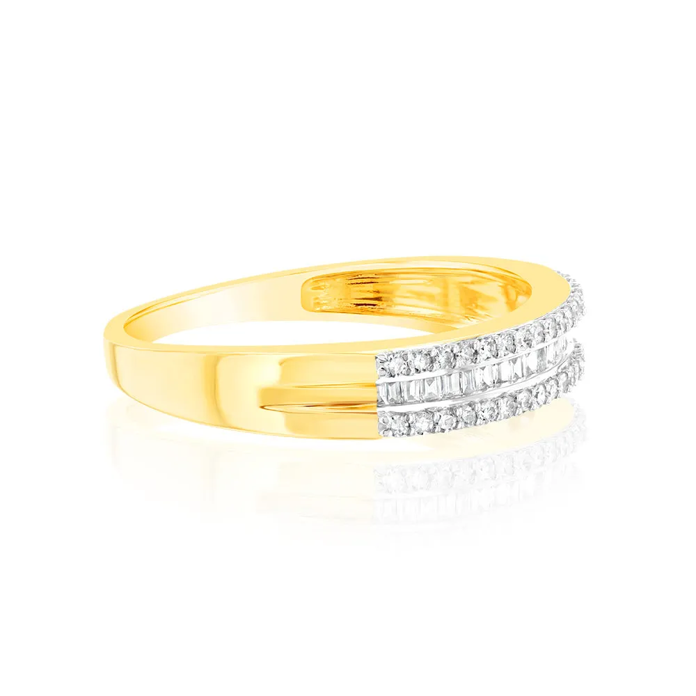 9ct Yellow Gold 1/3 Carat Diamond Ring with Channel Set Baguettes and Claw Set Round Brilliant Side Diamonds Shiels