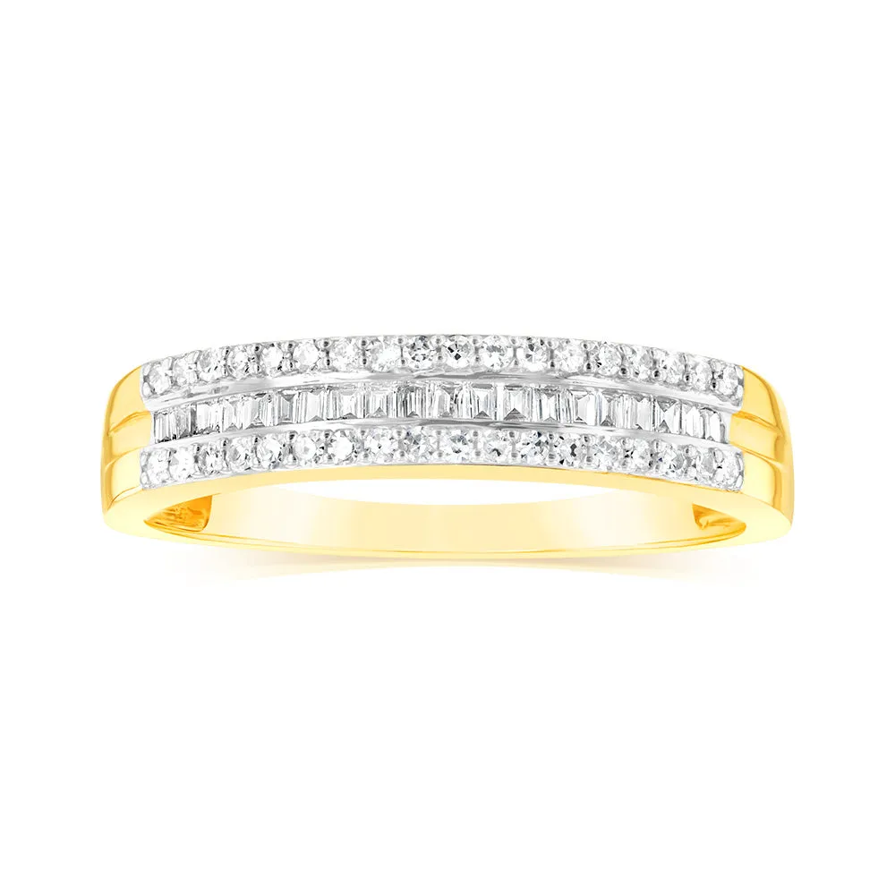9ct Yellow Gold 1/3 Carat Diamond Ring with Channel Set Baguettes and Claw Set Round Brilliant Side Diamonds Shiels