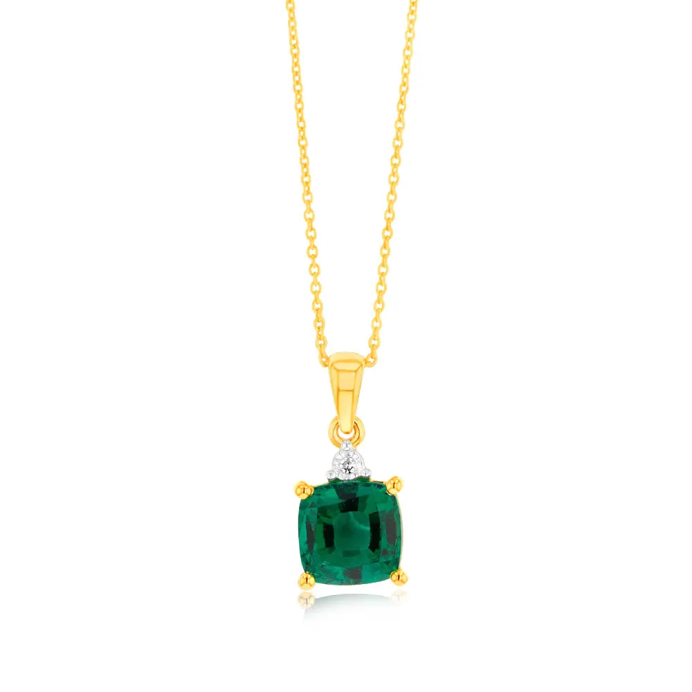 9ct Yellow Gold 1/3ct Created Emerald and Diamond Pendant On 45cm Chain Shiels