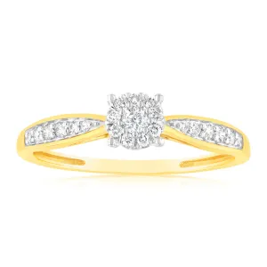 9ct Yellow Gold 1/4 Carat Diamond Halo Solitaire Ring with Diamond 12 Side Diamonds Shiels