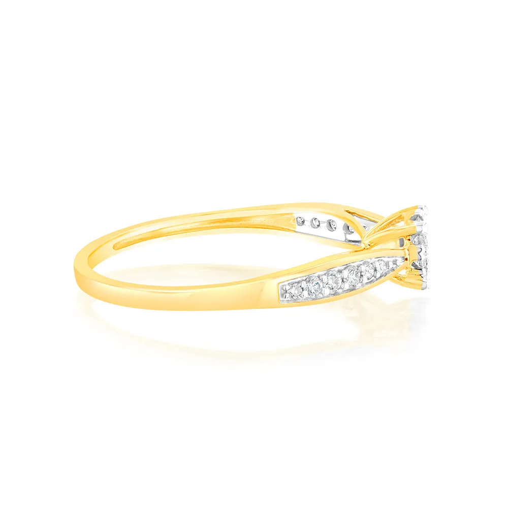 9ct Yellow Gold 1/4 Carat Diamond Halo Solitaire Ring with Diamond 12 Side Diamonds Shiels