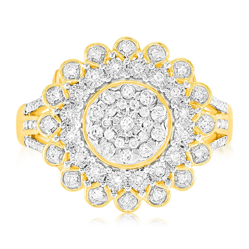 9ct Yellow Gold 1/4 Carat Diamond Ring with 91 Round Brilliant Cut Diamonds in Disc Setting Shiels