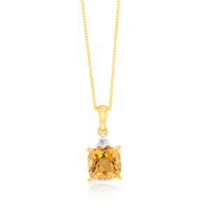 9ct Yellow Gold 1.4ct Citrine and Diamond Pendant On 45cm Chain Shiels