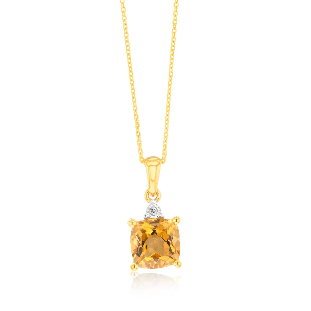9ct Yellow Gold 1.4ct Citrine and Diamond Pendant On 45cm Chain Shiels