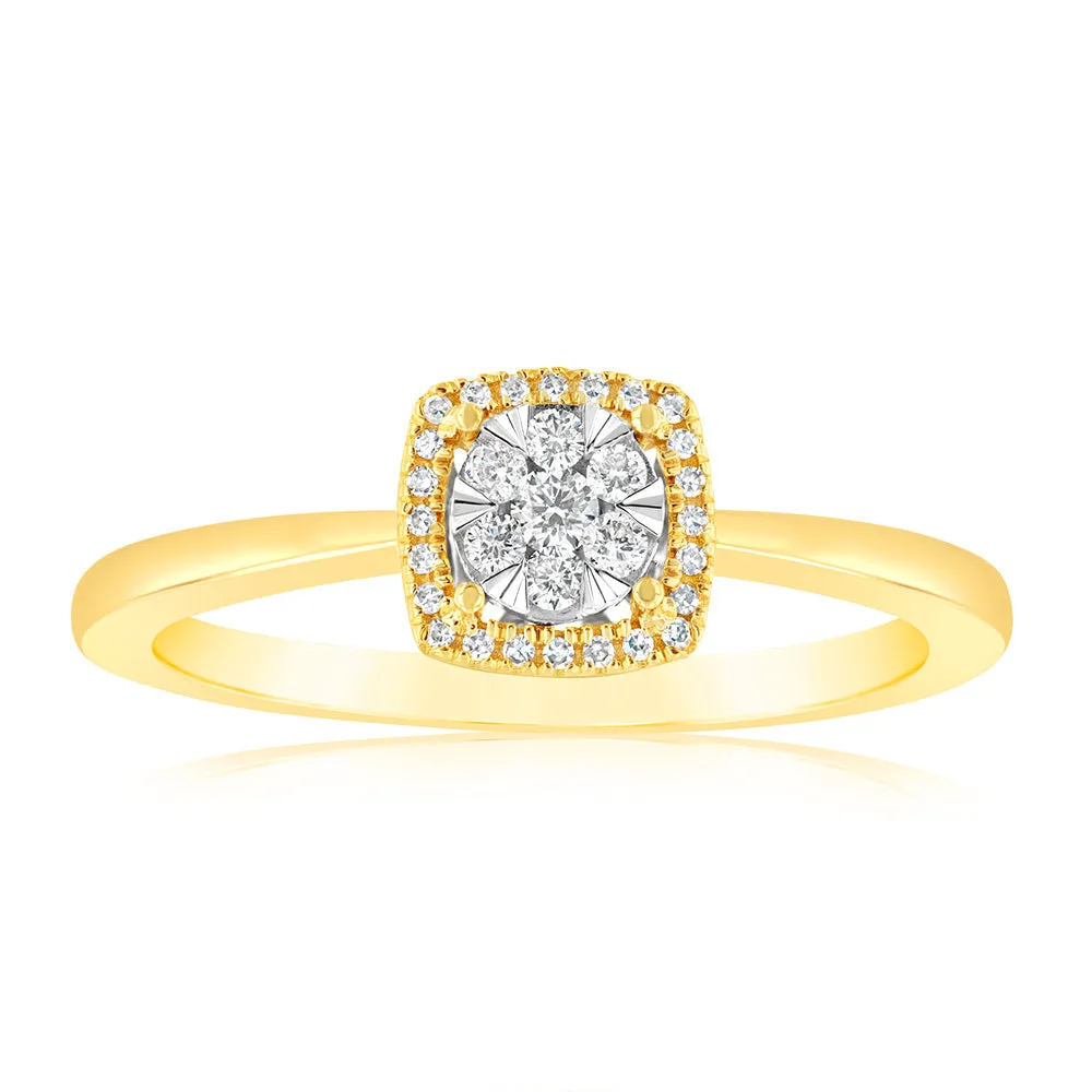 9ct Yellow Gold 1/6 Carat Diamond Cluster Halo Ring Shiels