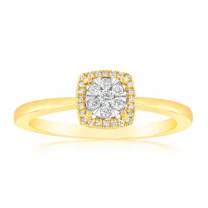 9ct Yellow Gold 1/6 Carat Diamond Cluster Halo Ring Shiels
