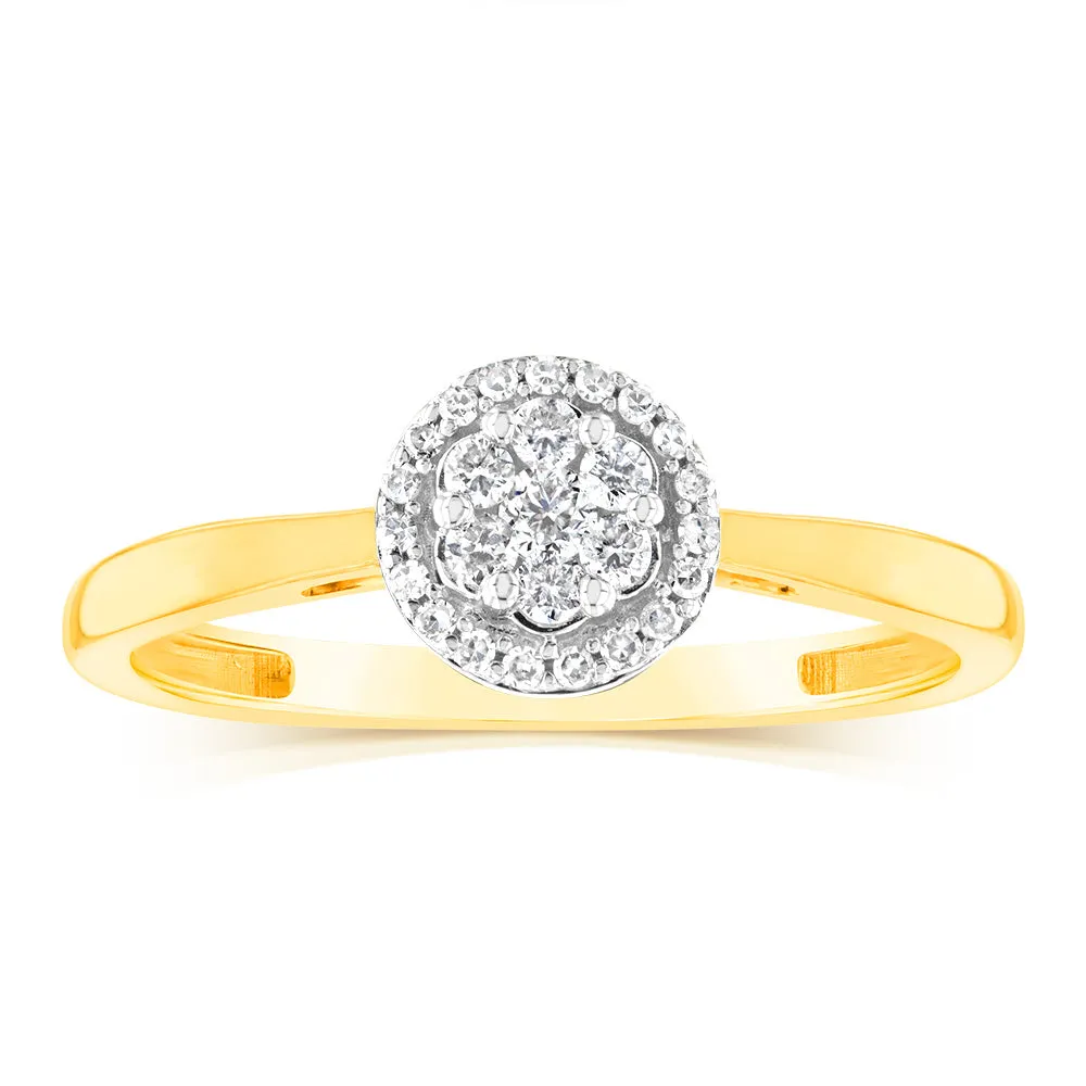 9ct Yellow Gold 1/7 Carat Diamond Cluser Halo Ring Shiels