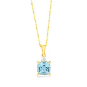 9ct Yellow Gold 1.75ct Sky Blue Topaz and Diamond Pendant on 45cm Chain Shiels