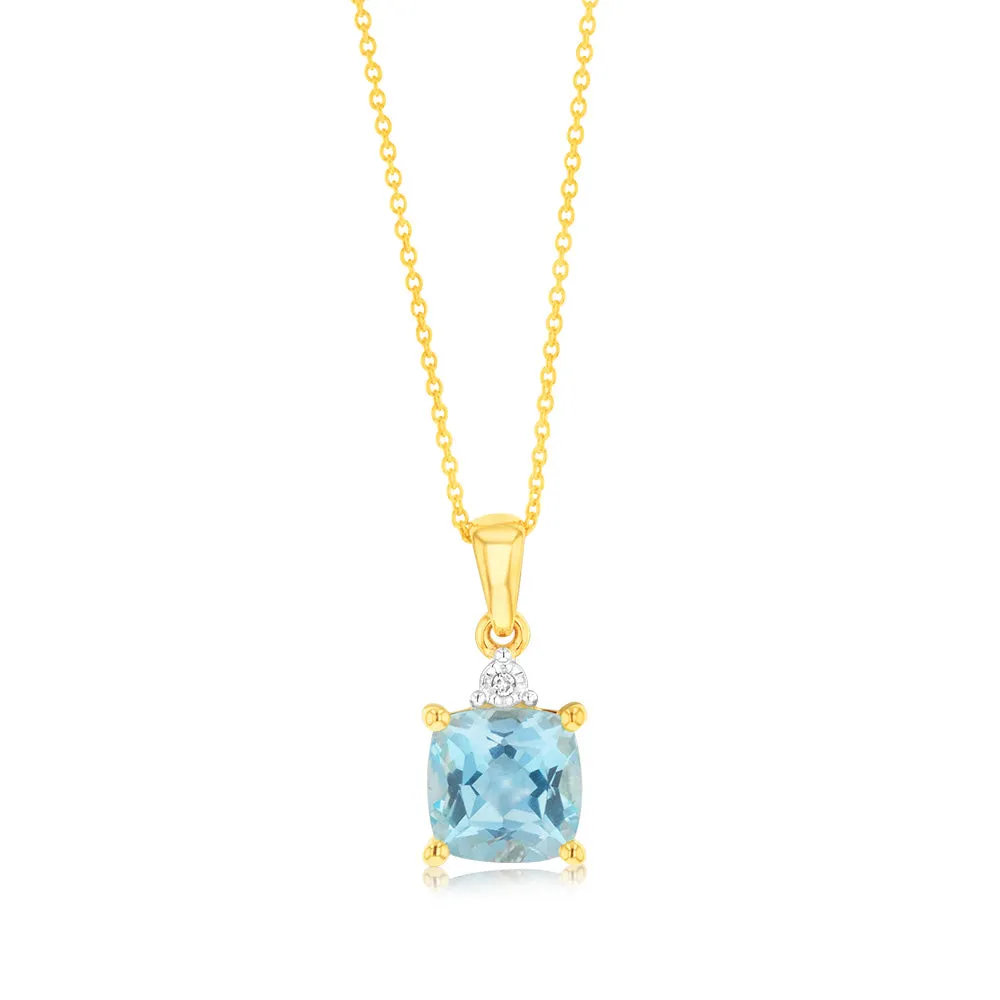 9ct Yellow Gold 1.75ct Sky Blue Topaz and Diamond Pendant on 45cm Chain Shiels