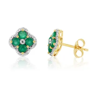 9ct Yellow Gold 1ct Natural Emerald and 0.10 Carat Diamond 4 Leaf Clover Stud Earrings Shiels