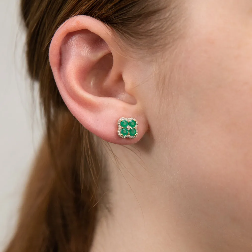 9ct Yellow Gold 1ct Natural Emerald and 0.10 Carat Diamond 4 Leaf Clover Stud Earrings Shiels