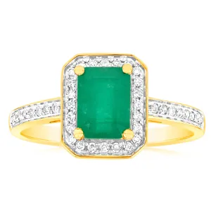 9ct Yellow Gold 1ct Natural Emerald and 0.15 Carat Diamond Ring Shiels