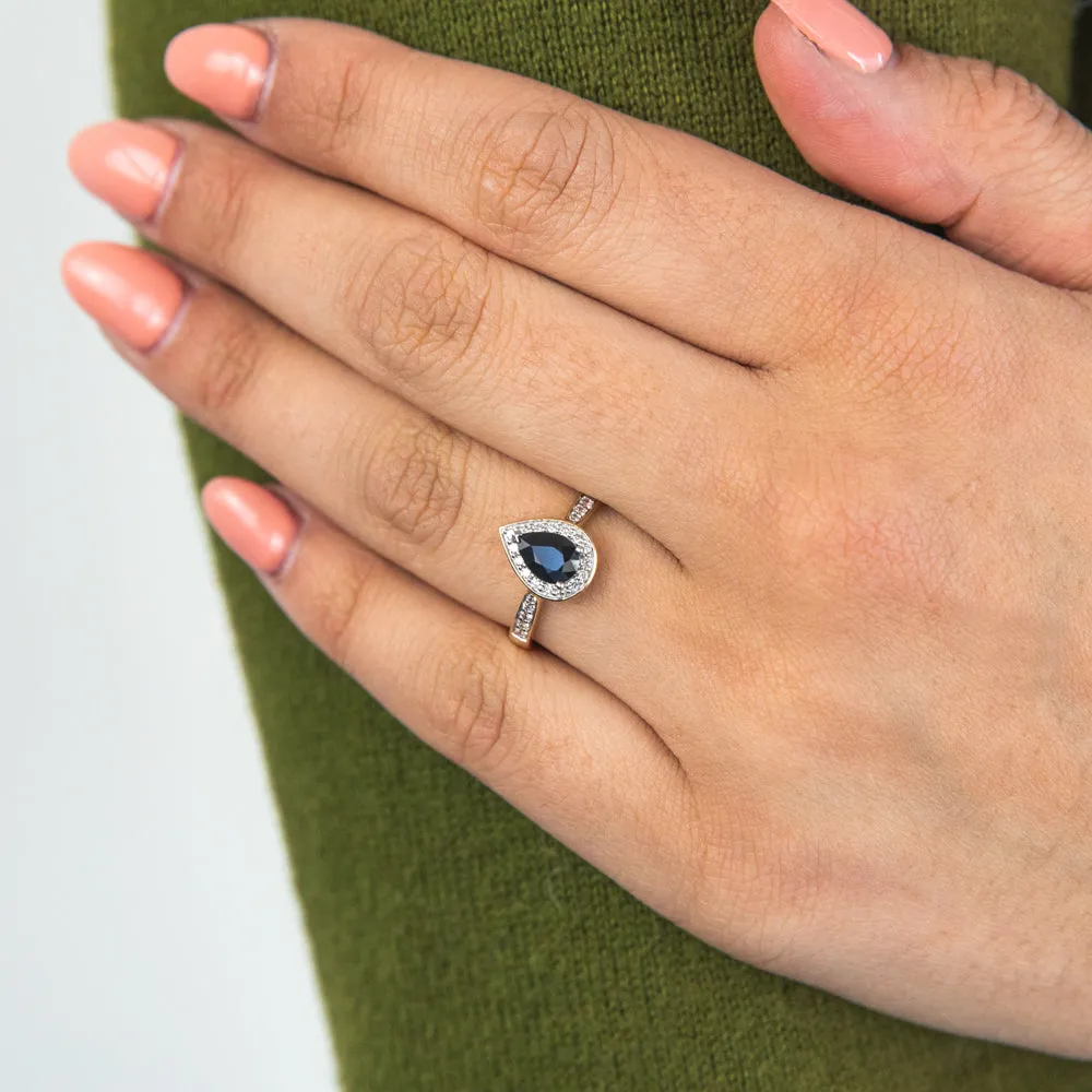 9ct Yellow Gold 1ct Natural Sapphire and 1/5 Carat Diamond Pear Halo Ring Shiels