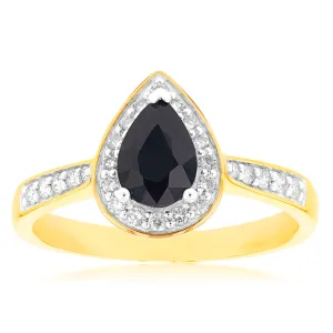 9ct Yellow Gold 1ct Natural Sapphire and 1/5 Carat Diamond Pear Halo Ring Shiels