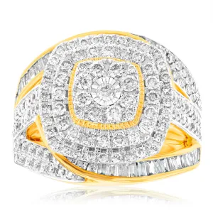 9ct Yellow Gold 2 Carat Diamond Dress Ring with Brilliant and Baguette Diamonds Shiels