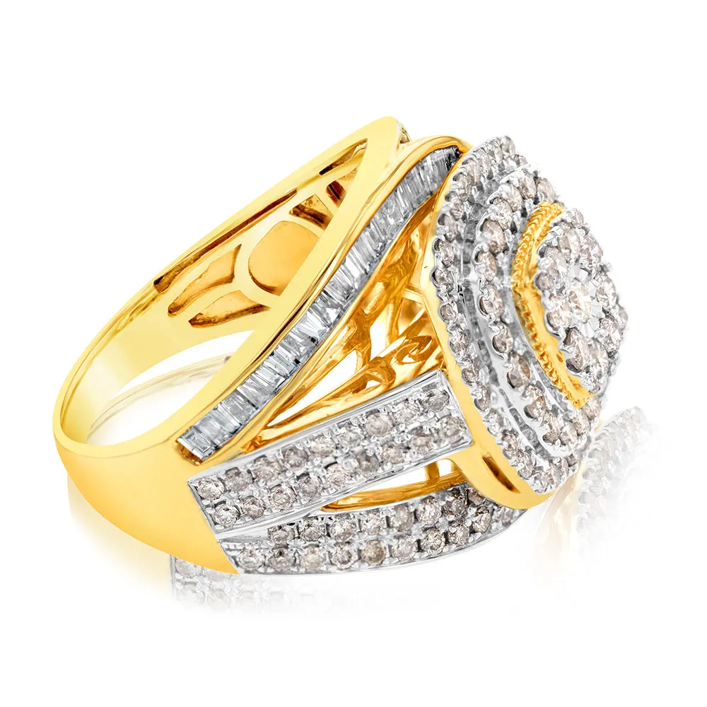 9ct Yellow Gold 2 Carat Diamond Dress Ring with Brilliant and Baguette Diamonds Shiels