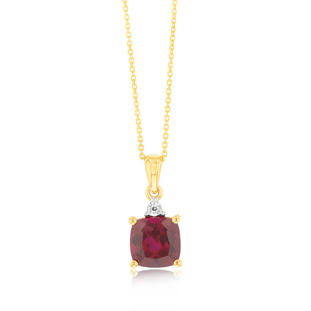 9ct Yellow Gold 2ct Created Ruby and Diamond Pendant On 45cm Chain Shiels