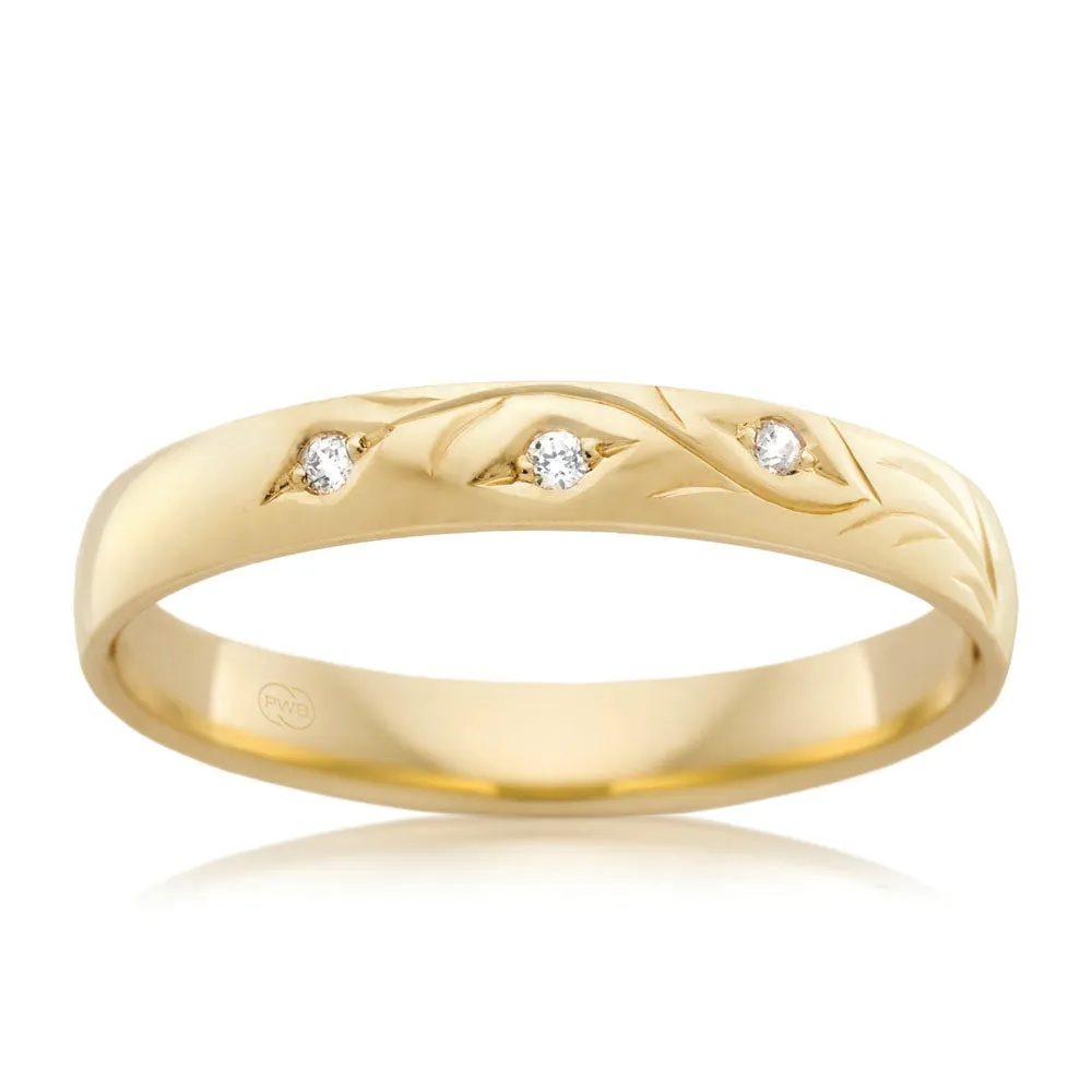 9ct Yellow Gold 3mm High Half Round Diamond Ring with 3 Diamonds. Size O Shiels