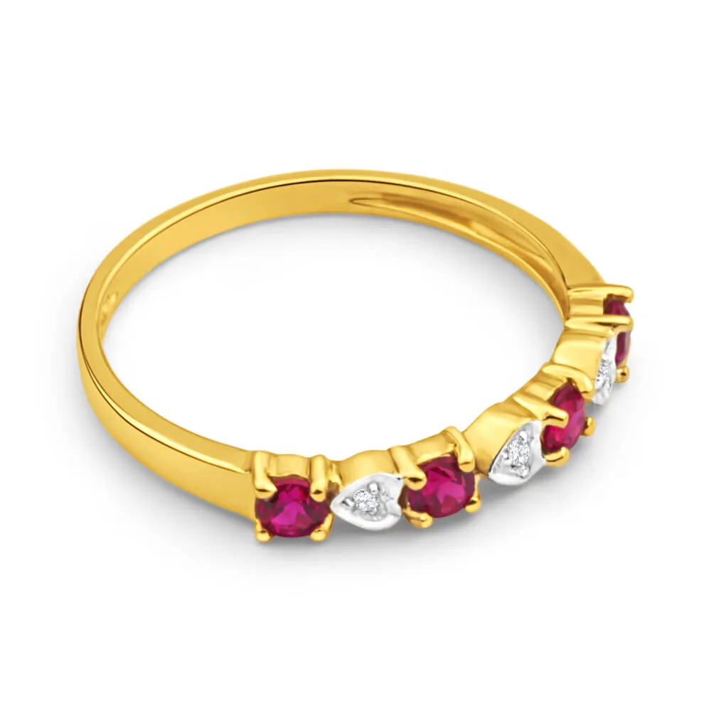 9ct Yellow Gold 4 Created Ruby   3 Diamond Ring Shiels