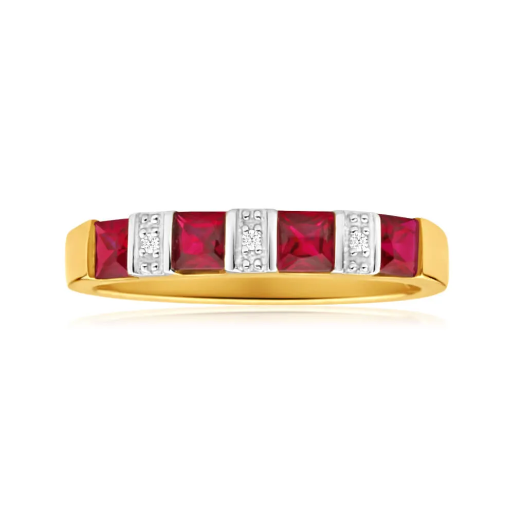 9ct Yellow Gold 4 Created Ruby Diamond Ring Shiels