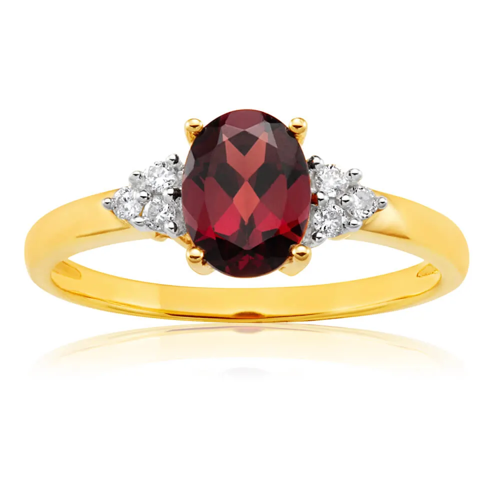 9ct Yellow Gold 4x6mm 1.4ct Oval Garnet   Diamond Ring Shiels