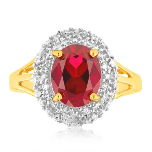 9ct Yellow Gold 8x10mm Created Ruby   Diamond Halo Ring Shiels