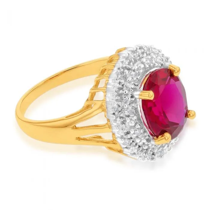 9ct Yellow Gold 8x10mm Created Ruby   Diamond Halo Ring Shiels