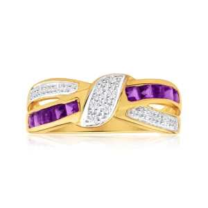 9ct Yellow Gold Amethyst and 10 Diamond Cross Over Ring Shiels