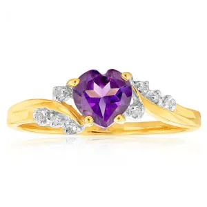9ct Yellow Gold Amethyst Heart with 8 Diamond Ring Shiels