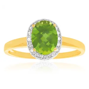 9ct Yellow Gold & White Gold Peridot and Diamond Halo Ring Shiels