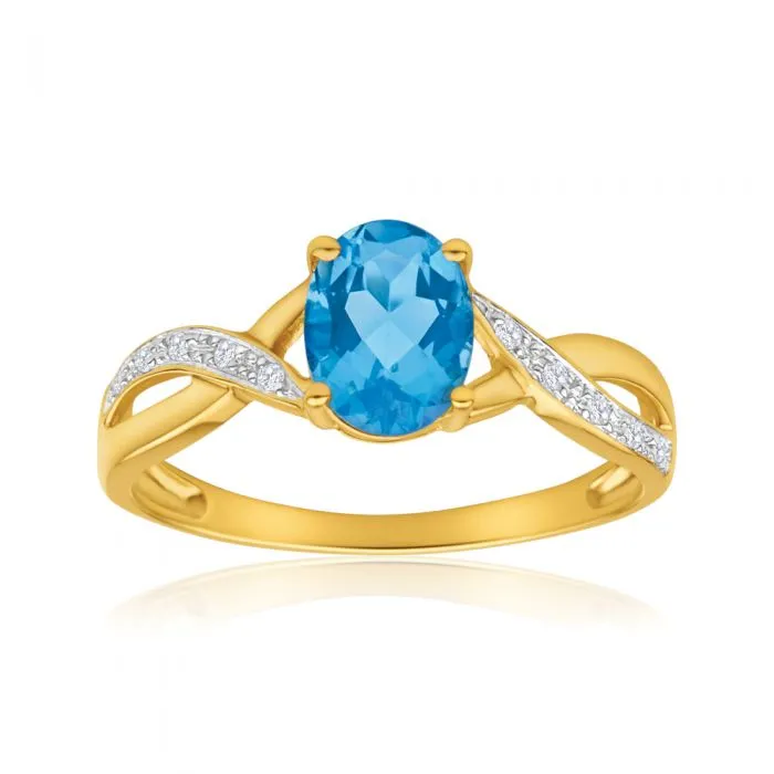 9ct Yellow Gold Blue Topaz and Diamond Cross Over Ring Shiels