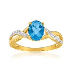 9ct Yellow Gold Blue Topaz and Diamond Cross Over Ring Shiels