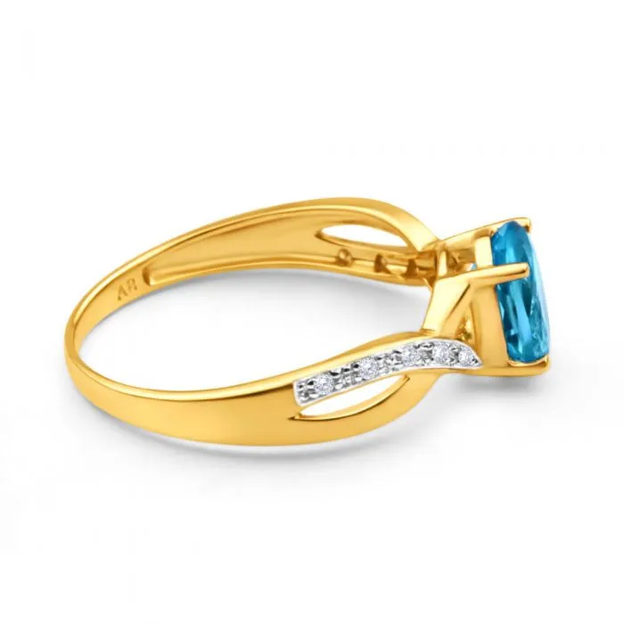 9ct Yellow Gold Blue Topaz and Diamond Cross Over Ring Shiels