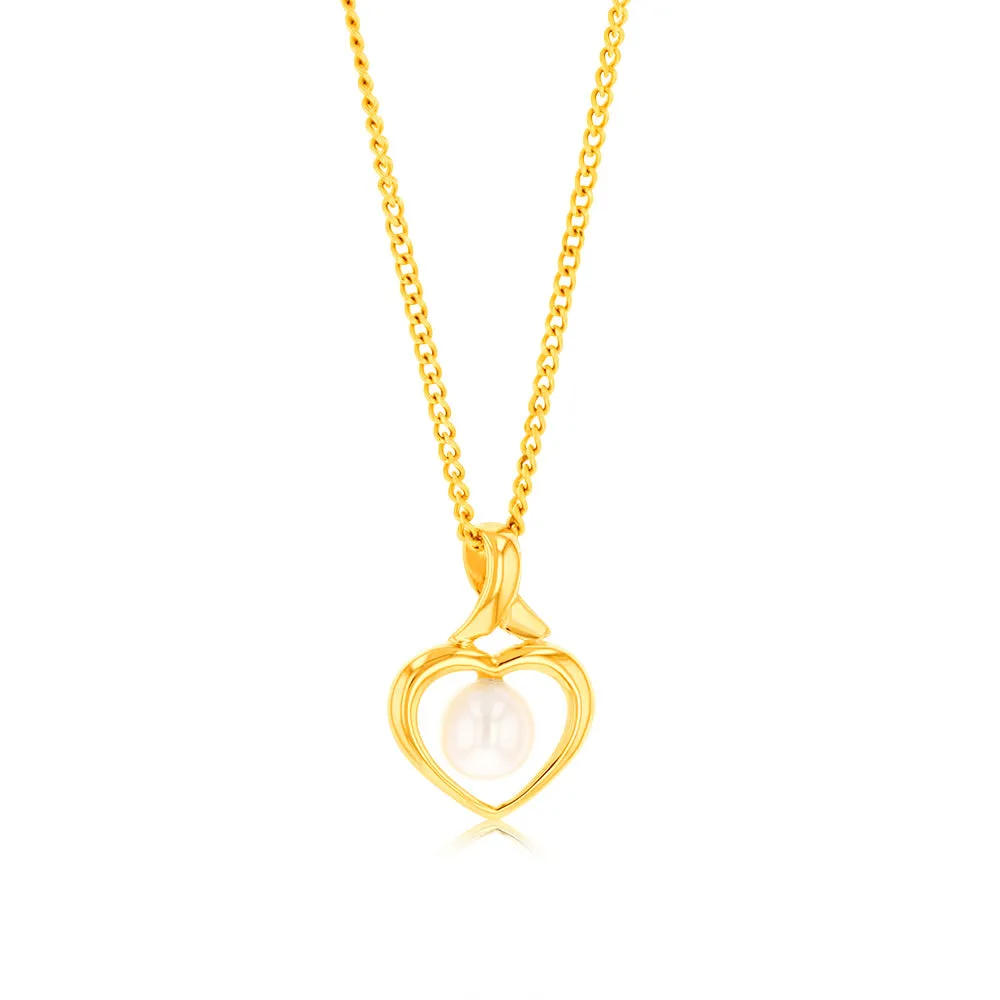 9ct Yellow Gold Created 4.5mm Cultured Pearl Heart Shaped Pendant Shiels
