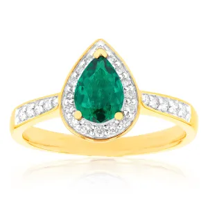 9ct Yellow Gold Created Emerald and 1/5 Carat Diamond Pear Halo Ring Shiels