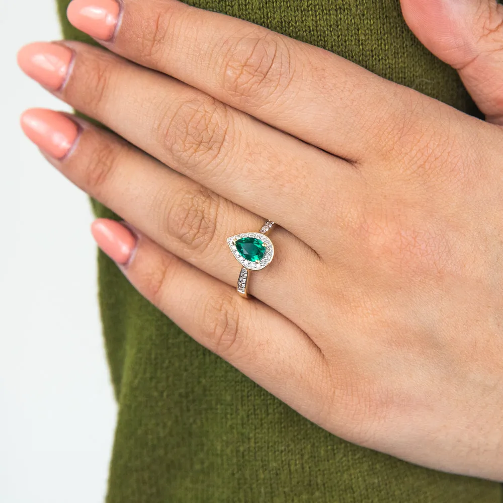 9ct Yellow Gold Created Emerald and 1/5 Carat Diamond Pear Halo Ring Shiels