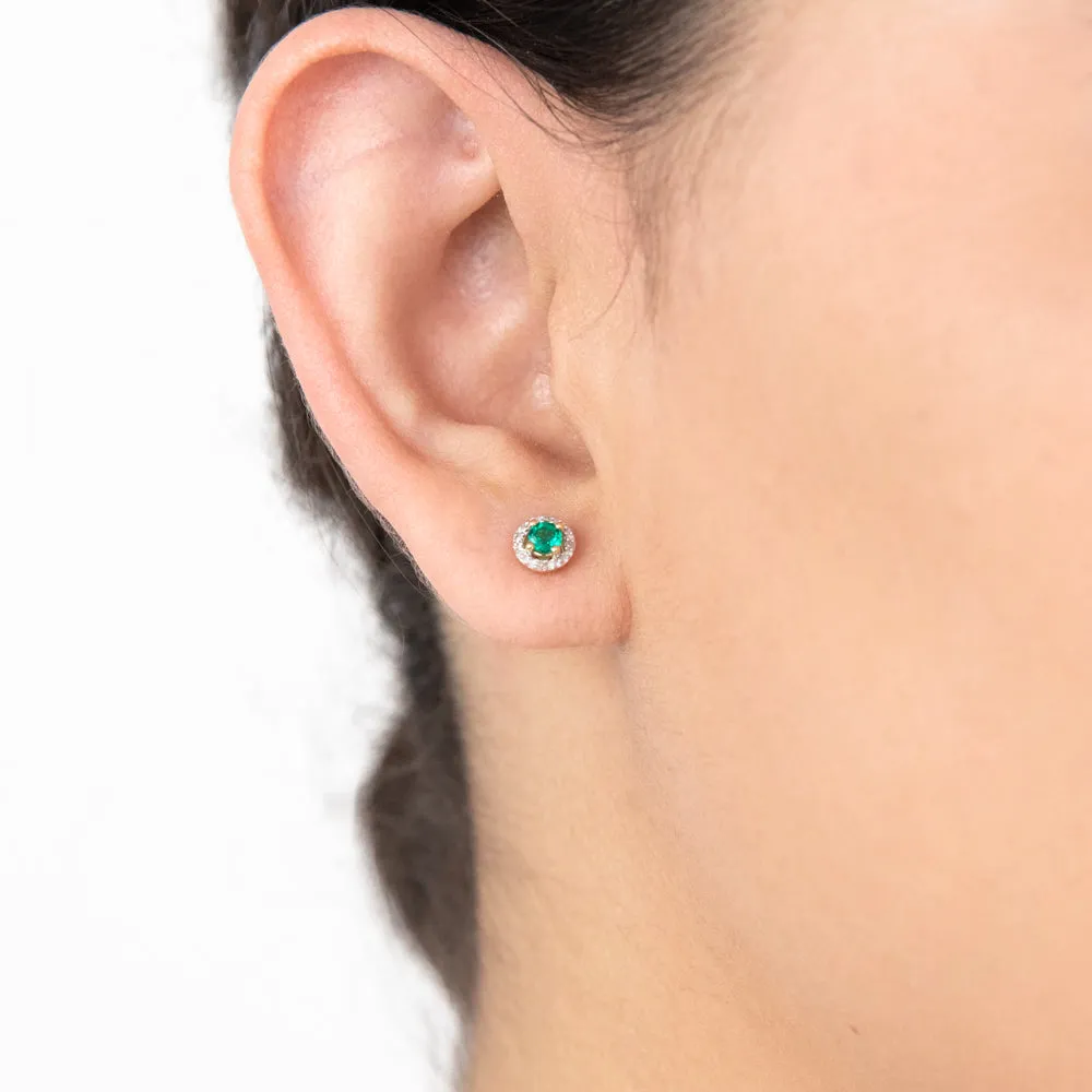 9ct Yellow Gold Created Emerald and Diamond Halo Studs Earrings Shiels