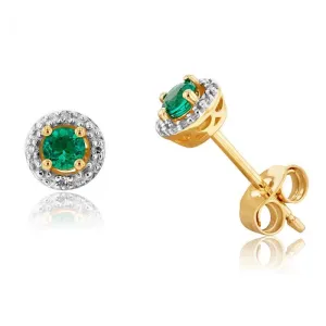 9ct Yellow Gold Created Emerald and Diamond Halo Studs Earrings Shiels