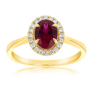 9ct Yellow Gold Created Oval Ruby And Diamond Halo Ring Shiels